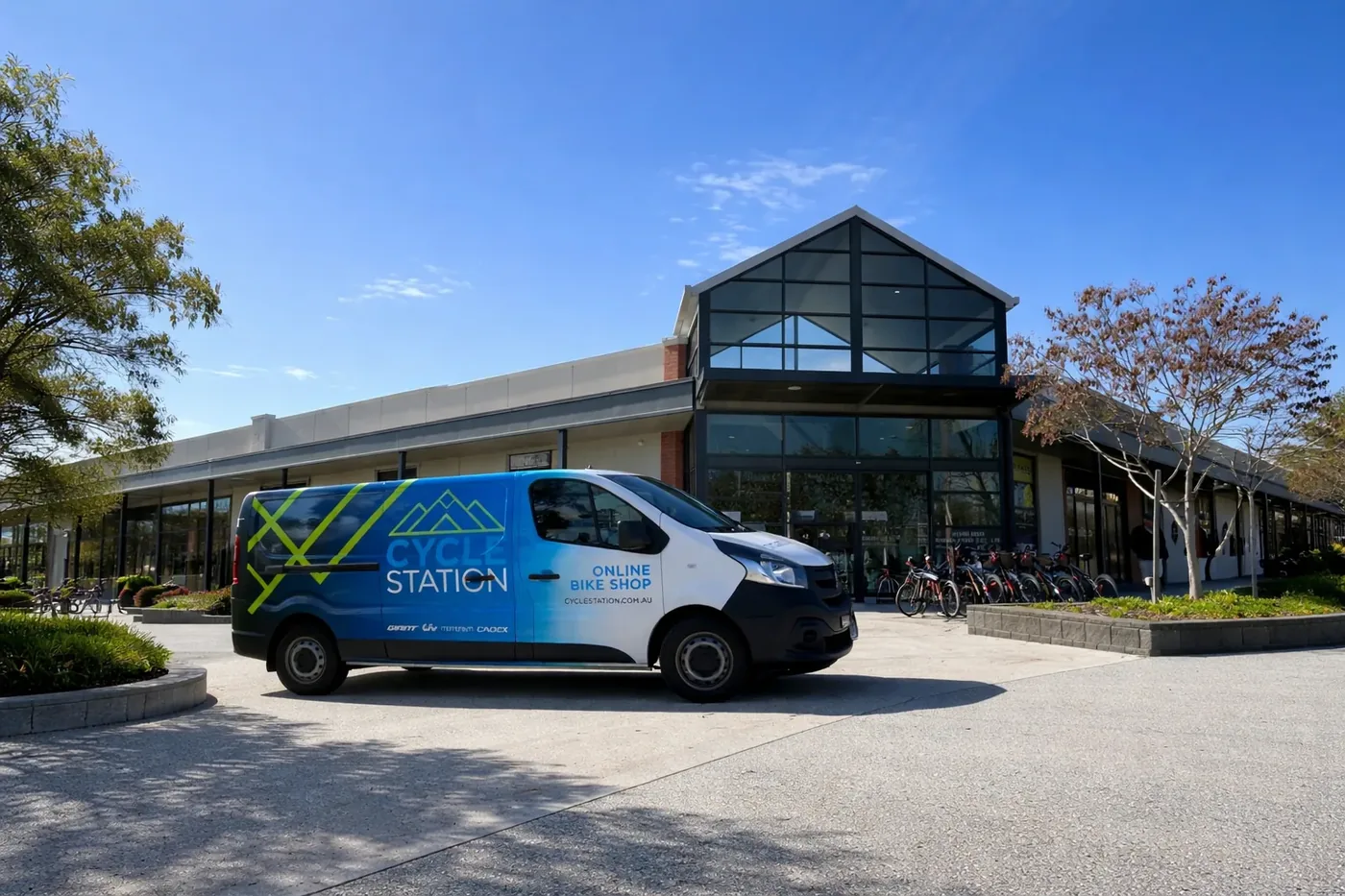Cycle Station's store front, with the Cycle Station van out the front
