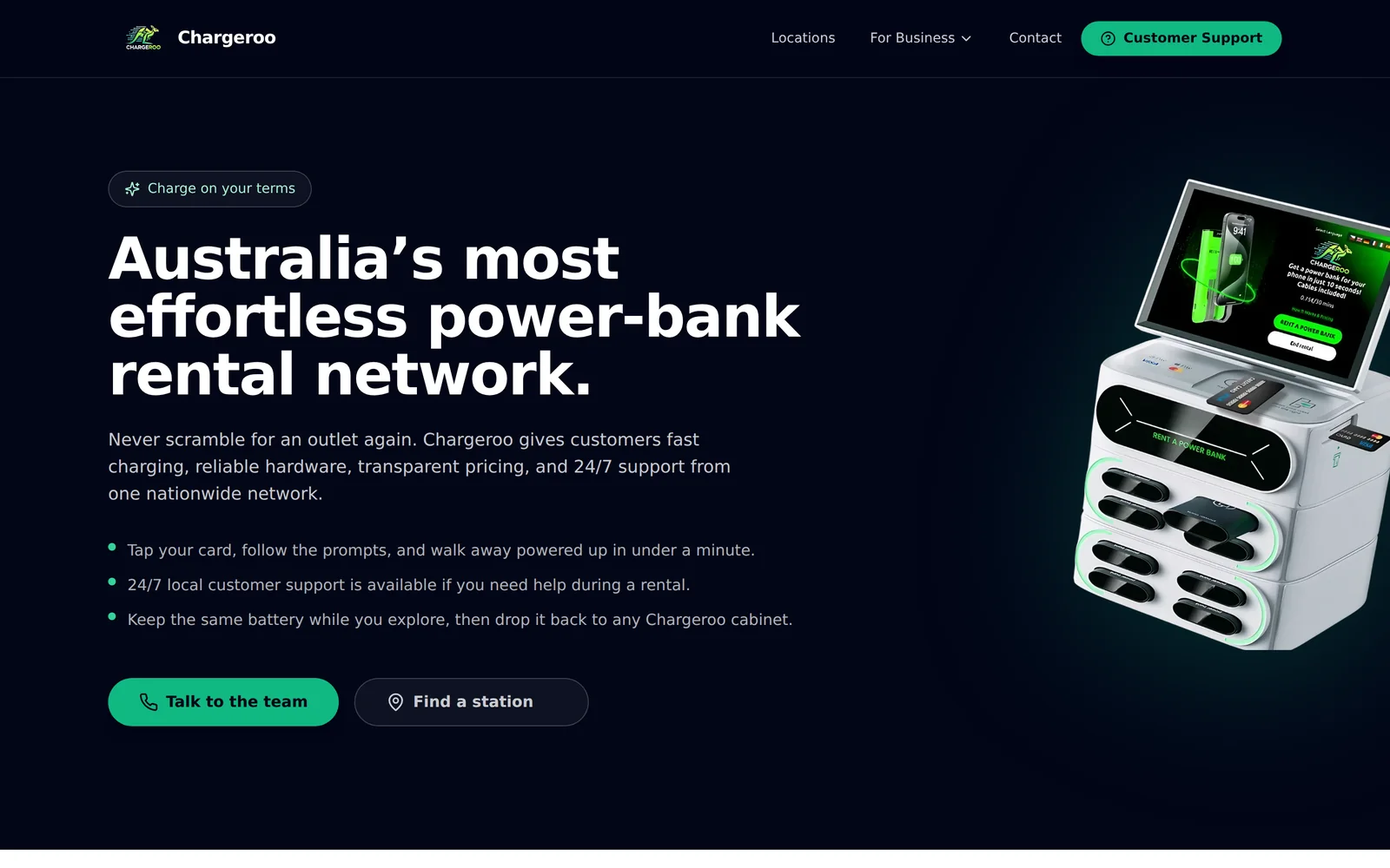 The Chargeroo website, with a power bank rental kiosk