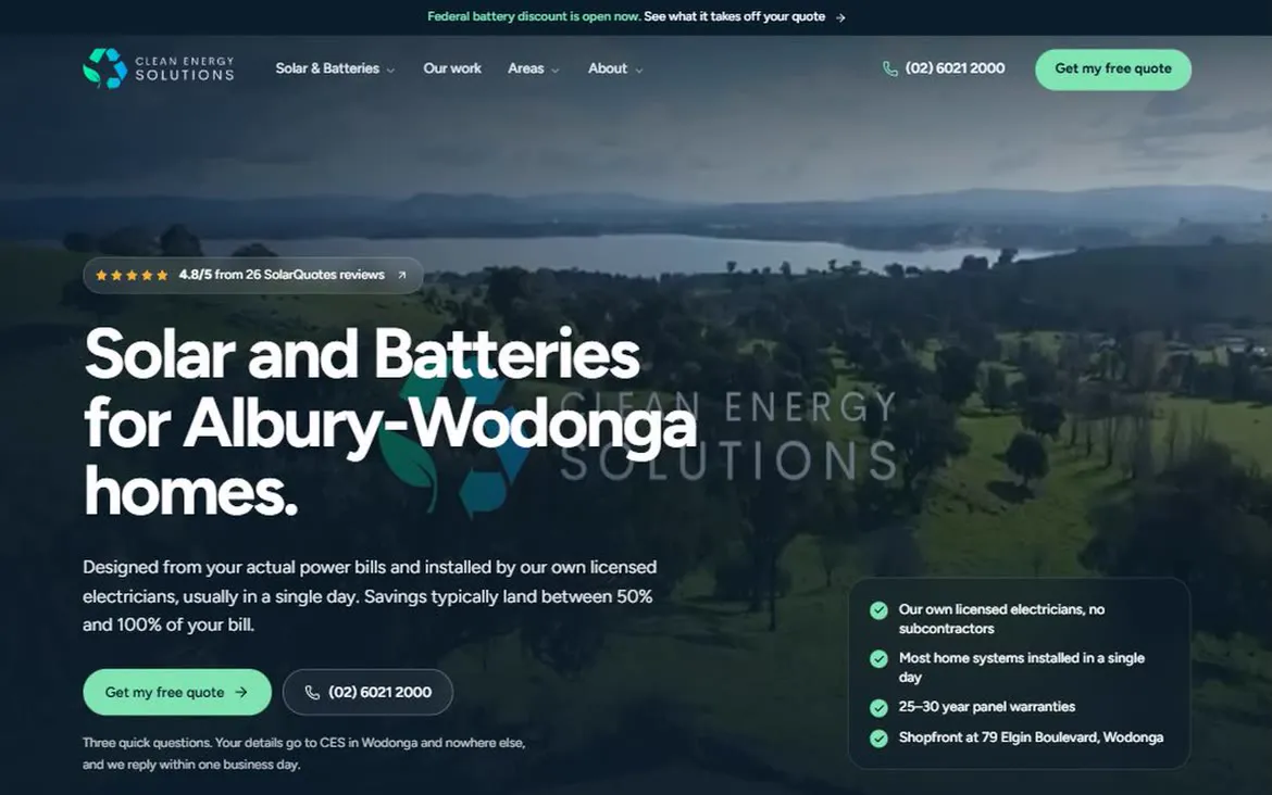 The Clean Energy Solutions homepage, a solar and battery installer in Wodonga
