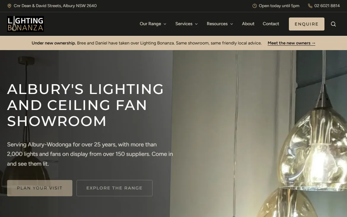 The Lighting Bonanza homepage, Albury's lighting and ceiling fan showroom