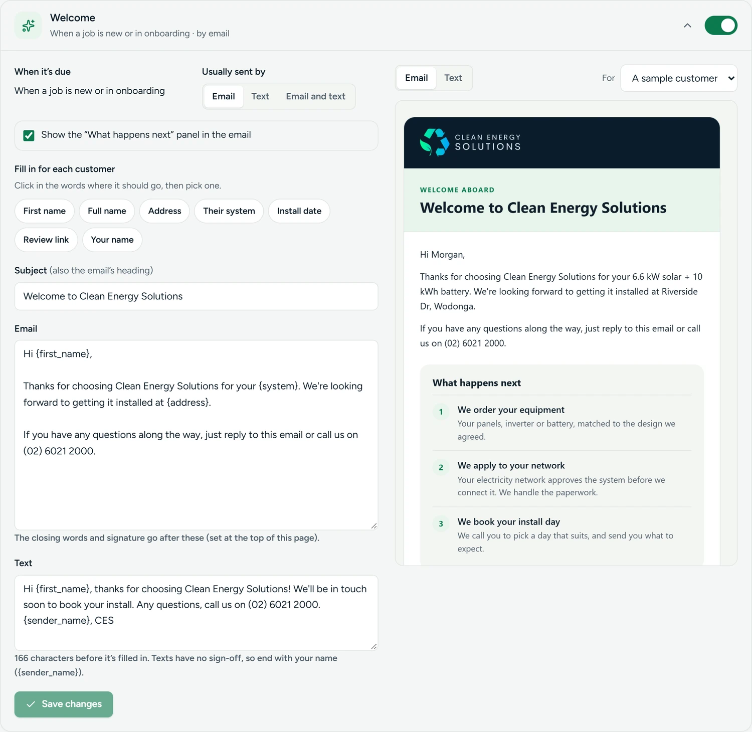 Editing the welcome message: on or off, timing, wording with fill-ins, and the email as it will look