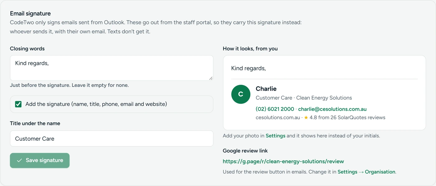 The email signature settings with a live preview