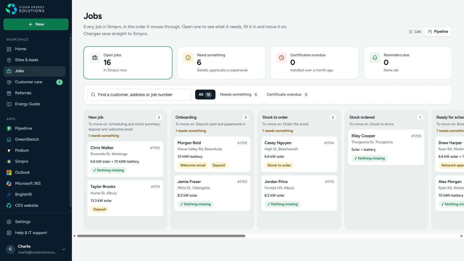The Clean Energy Solutions jobs pipeline: every open Simpro job by stage, with what each one needs before it can move on