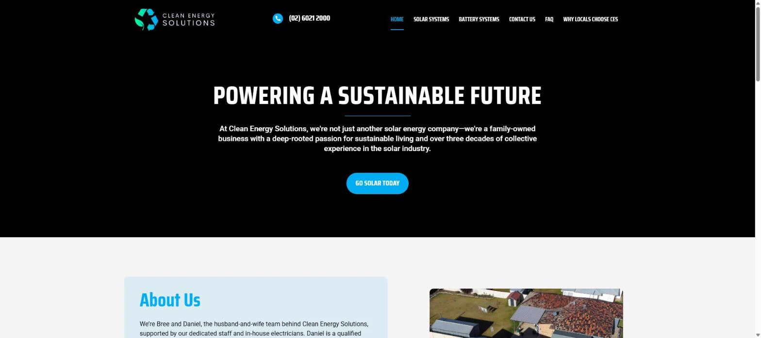 The old Clean Energy Solutions homepage, December 2025: a black banner reading Powering a sustainable future