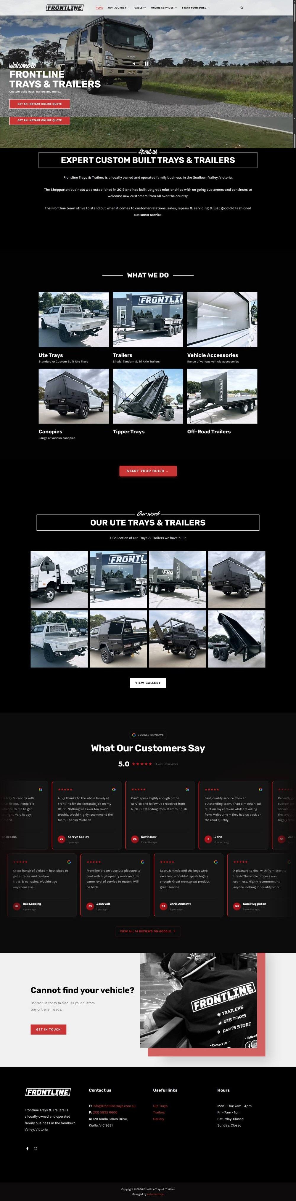 Full Frontline Trays & Trailers homepage built by Automatrix