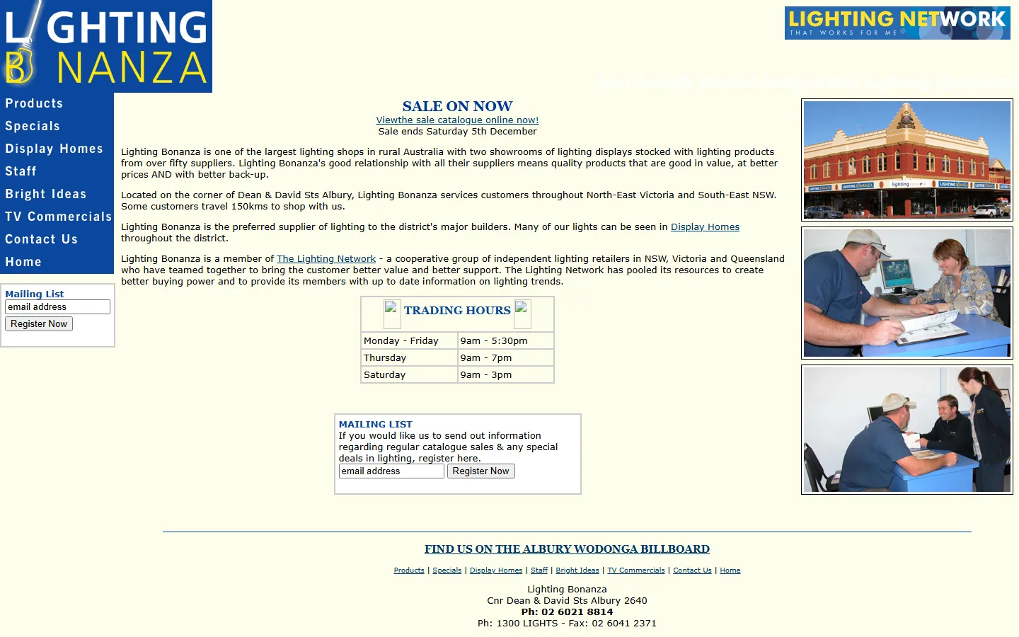 The old Lighting Bonanza website as archived in 2009: a blue and yellow page with a sale notice, trading hours and a mailing list sign-up