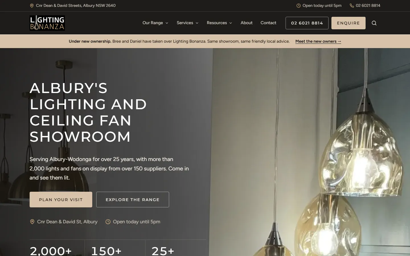 The new Lighting Bonanza homepage: Albury's lighting and ceiling fan showroom, 2,000+ lights and fans on display from over 150 suppliers, with the new-owners banner