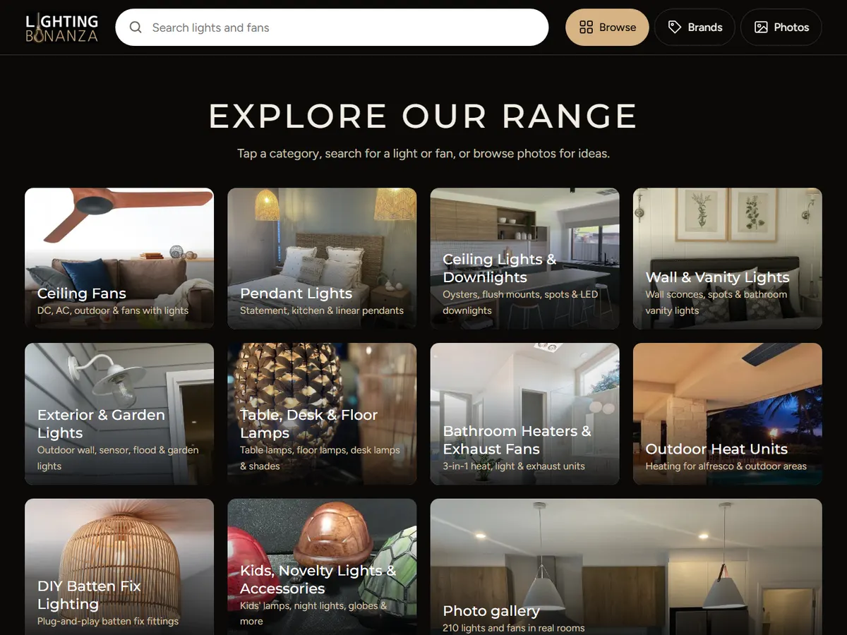 The showroom kiosk home screen: search, ten range categories, brands and a photo gallery