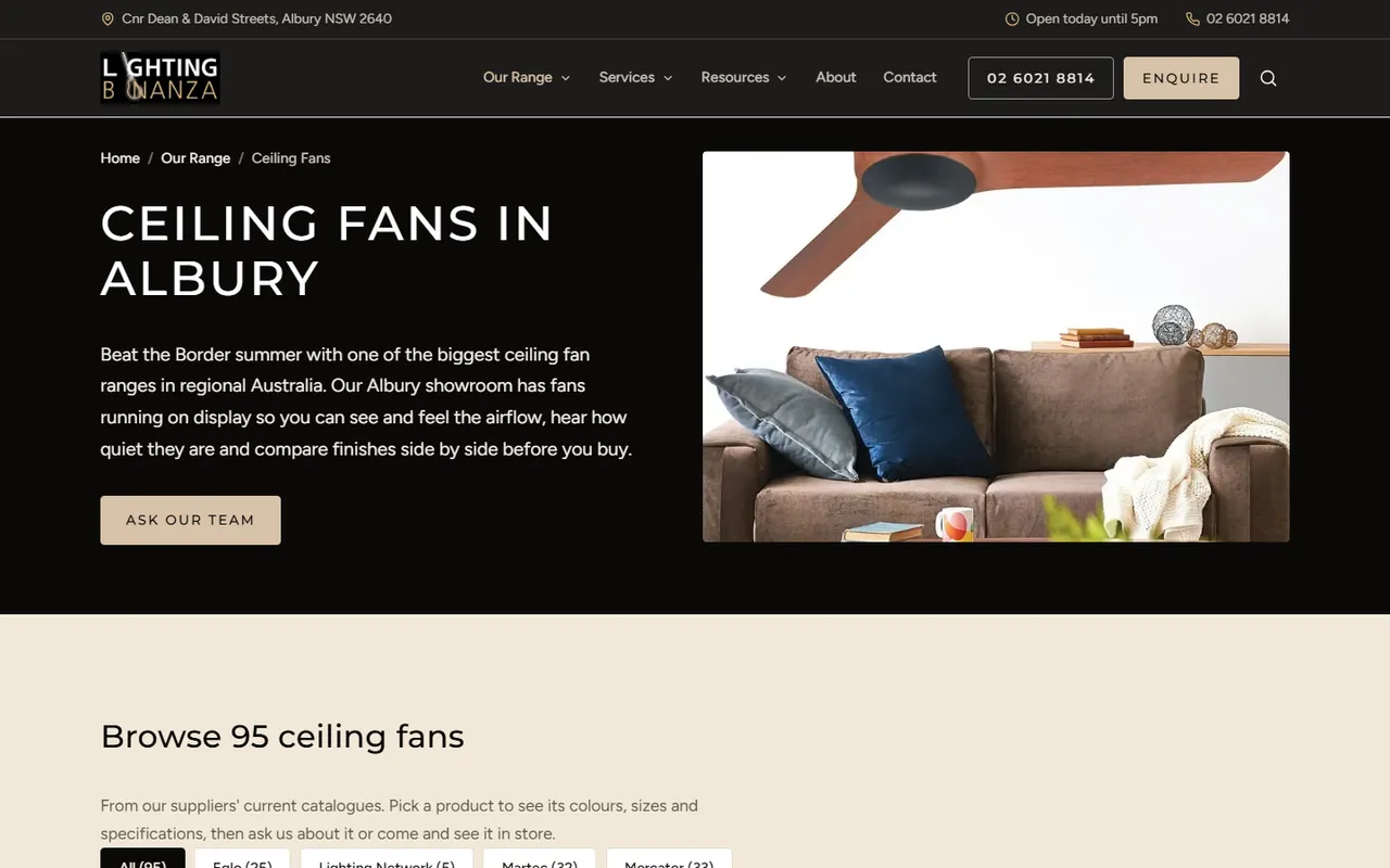 The ceiling fans range page: Ceiling fans in Albury, with fans running on display in the showroom and 95 fans to browse