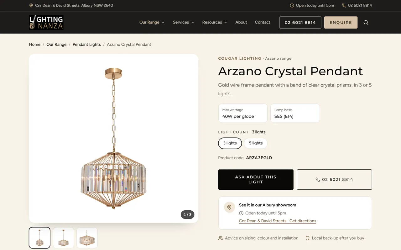 A product page: the Arzano Crystal Pendant with its light count options, product code, an Ask about this light button and showroom details